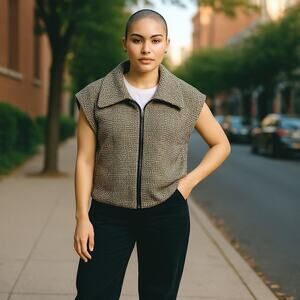 Bryn Walker Black White Houndstooth Ruched Sides Zip Up‎ Vest - Sz. XXS Oversize